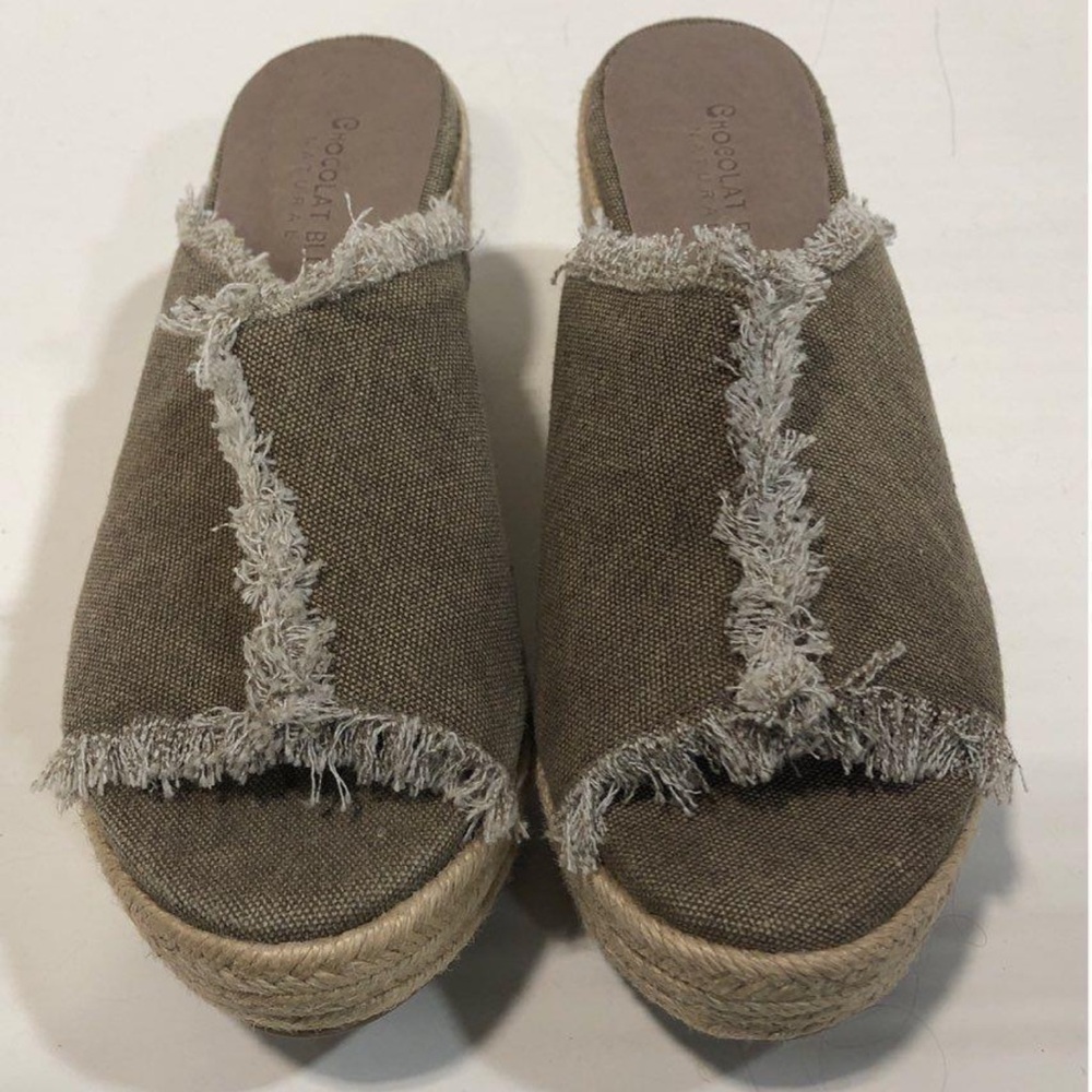NEW!! Women's Chocolat Blu Khaki Frayed Wedge Platform Espadrille Slides Size 7